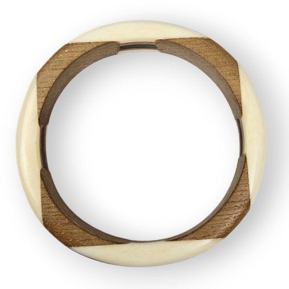 VINTAGE Mod Bangle Bracelet Colorblock Bovine Bone Horn Wood Geometric ~8.25" - Picture 7 of 10